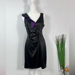Black cocktail dress with purple ruffles.  EXC  $15